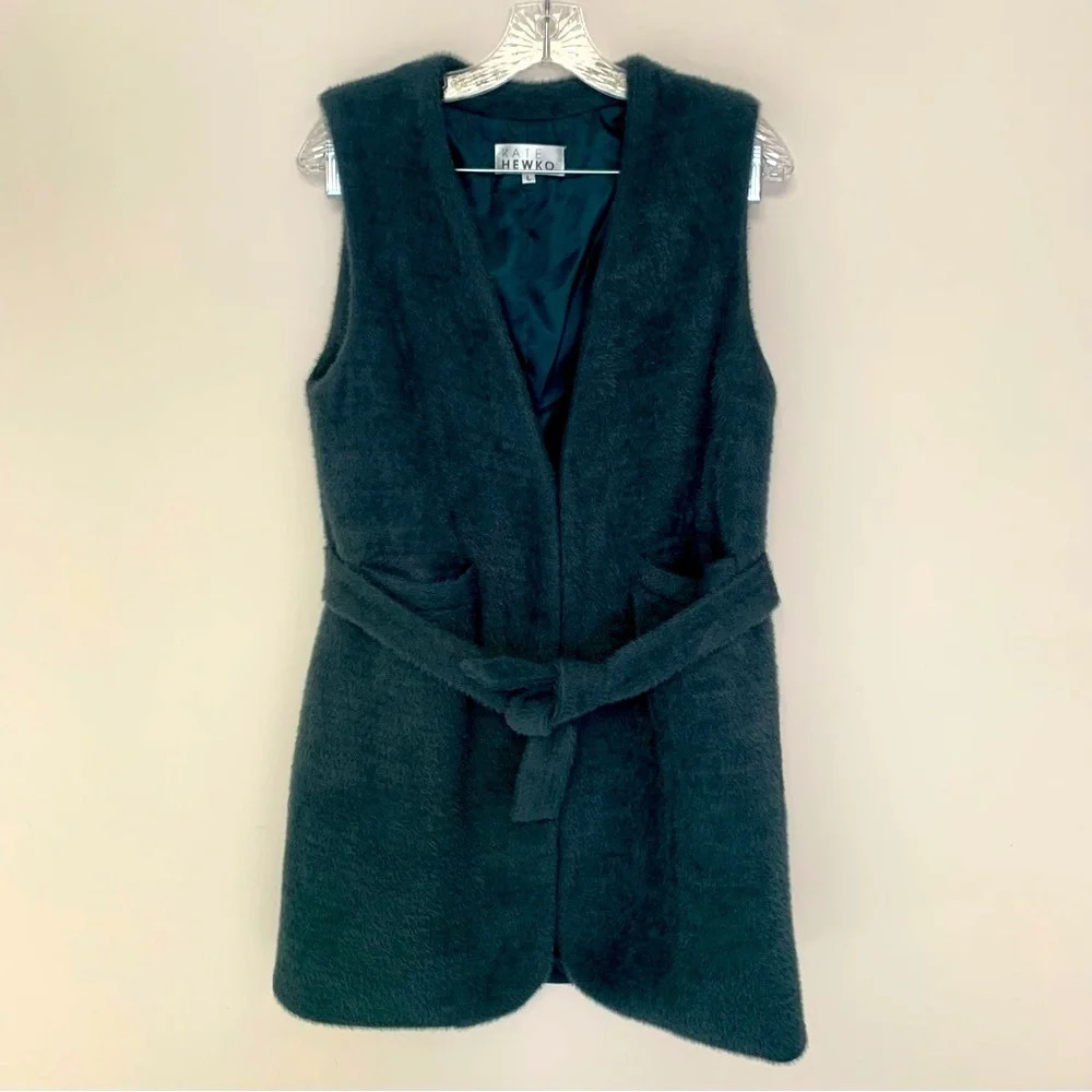 Kate Hewko Green Open Front Sleeveless Belted Faux Fur Jacket L